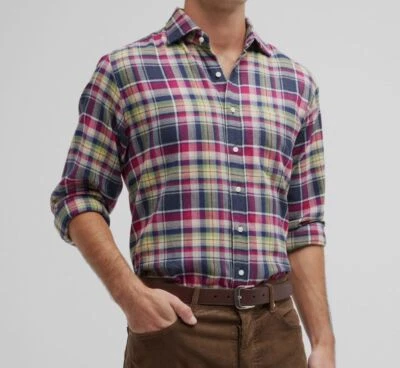 250 美元 Sid Mashburn 男式蓝色格子棉纽扣法兰绒运动衬衫 XL 码 — 第 1/4 张图片