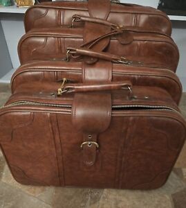 Vintage Brown Faux Leather Travel Luggage Set 4 Piece Rollers
