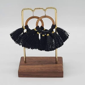 Dangling Wooden Hoop & Gold Wire Wrapped Black Tassel Earrings 2-1/2" Drop - Picture 1 of 7