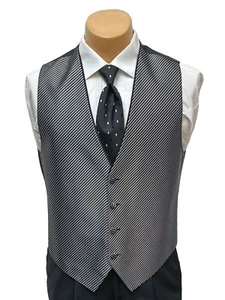 Men's Black & Silver Striped Tuxedo Vest with Tie Bow or Long Groom Prom Wedding - Picture 1 of 7