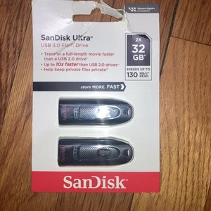 2 SanDisk Ultra USB 3.0 Flash Drives SDCZ48 New Sealed 2 x 32GB Up To 130 MB/s - Afbeelding 1 van 2