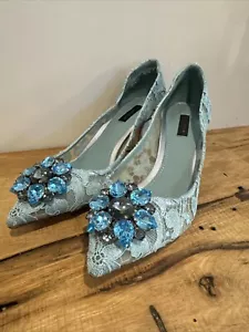 DOLCE & GABBANA BELLUCCI Crystal Brooch Taormina Lace Sz39/8.5 *Something Blue* - Picture 1 of 19