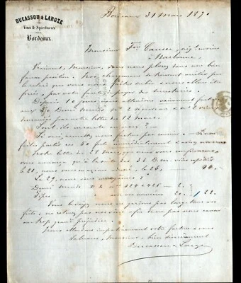 BORDEAUX (33) VINS & SPIRITUEUX "DUCASSOU & LAROZE" voyagée en 1870 - Photo 1/2