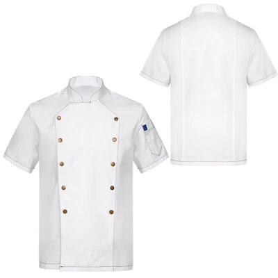 Men Chef Coat Short Sleeves Double-Breasted Kitchen Uniform Catering Shirt - Image 1 of 4