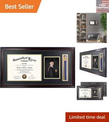 Marco de diploma de caoba 11x22 con vidrio real, soporte para borlas y exhibición de fotos Foto 1 de 4