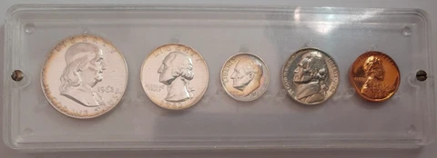 1962 P SILVER PROOF SET WITH 3 DUAL RAINBOW TONER COINS IN 2" X 6" PLASTIC CASE Cover