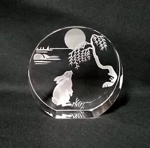 ASIAN Bunny Rabbit Paperweight Glass Round Reverse Carved Etched Usagi - EASTER - Picture 1 of 10