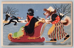 Anthropomorphe gekleidete Hunde Eislaufen Schlitten Schlittschuhe Vintage Postkarte Holländisch IS - Bild 1 von 2