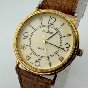 Vintage Peugeot Quartz Watch Unisex Gold Tone Leather Japan Analog New Battery - Picture 1 of 6