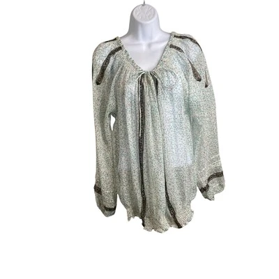 La Rok Green Ditsy Floral Sheer Silk Peasant Blouse Size S Flowy Boho Fairy - Image 1 of 4