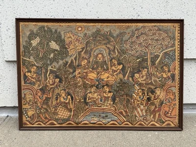 Pintura tradicional balinesa vintage sobre tela detallada, religiosa, popular Foto 1 de 4