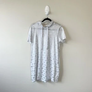Michael Kors MK Metallic Logo Hooded Mini Dress Swim Cover Up White Silver M/L - Picture 1 of 13