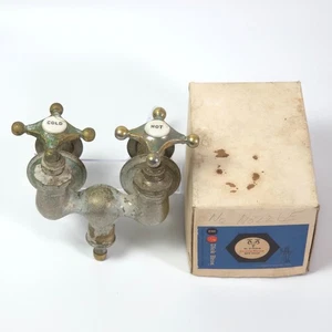 Antique Dick Bros. Bath Tub Faucet, Brass Porcelain Hot & Cold Knobs, w/ Box - Picture 1 of 15