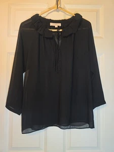 Ann Taylor Loft Medium schwarz Bluse Top halbtransparent Knopfleiste Bindeband Ausschnitt - Bild 1 von 5