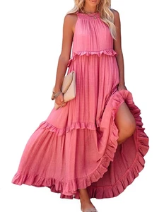 Damen Sommerkleid Baumwolle Ärmellos Neckholder Lagenlook Freizeit Boho Fließend Maxi9586 - Bild 1 von 11