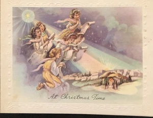Vtg Christmas Greeting Card Beautiful Angels Sing/Watch Over Birth Of Baby Jesus - Picture 1 of 5