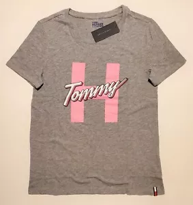 DAMEN TOMMY HILFIGER DENIM TOMMY SCRIPT SS T-SHIRT TEE GRAU PINK WEISS L LARGE - Bild 1 von 4
