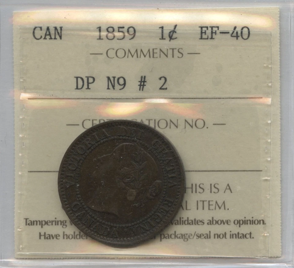 1859 One Cent - Double Punch Narrow 9 #2 - ICCS EF-40 Cert#XEB 395   SC1 - Image 1 of 2