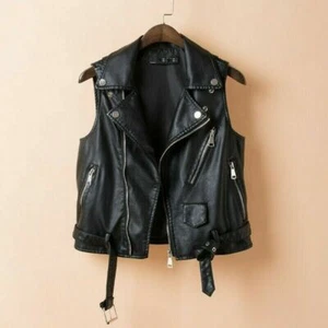 Schwarze Damenweste aus Kunstleder Weste Biker ärmellose Jacke Vintage Mäntel - Bild 1 von 15