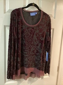 Simply Vera Vera Wang Burgundy Black Burnout Velvet Top Tunic XL Sheer Chiffon - Picture 1 of 7