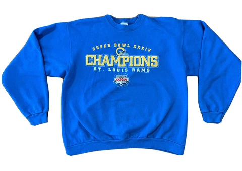Vintage St. Louis Rams Super Bowl 34 XXXIV Large Blue Long Sleeve Sweatshirt Cover