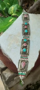 Green Turquoise and Red Coral Handmade 925 Tibetan Silver Bracelet Jewelry - Picture 1 of 3