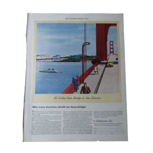Turismo de California 1941 - puente Golden Gate de San Francisco - anuncio impreso vintage - Imagen 1 de 3
