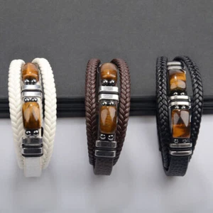 New Men Tiger Eye Multi layer Braided Leather Protect Bracelet Cuff Clasp Bangle - Picture 1 of 19