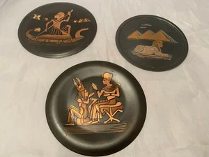 3 Vintage Egyptian Copper Black Enameled Plates Wall Hanging Decorative Set of 3 - Picture 1 of 7