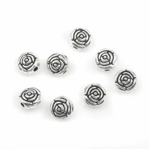 100 Flower Spacer Beads - 7mm x 7mm - Rose - Antique Silver Tone - J117681 - Picture 1 of 3