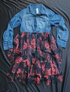 JUSTICE GIRL'S SIZE 12 DENIM AND TULLE ROSES LONG SLEEVE CHEST POCKETS DRESS - Picture 1 of 6