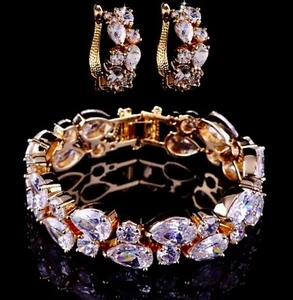 Conjunto de aretes brazalete tenis diamantes simulados rellenos de oro de 18k joyas nupciales - Imagen 1 de 12