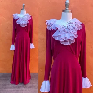 Maxi Vestido Rojo Glam Vintage Años 70. Cuello Blanco Ruff Clowncore DECLARACIÓN Med - Imagen 1 de 5