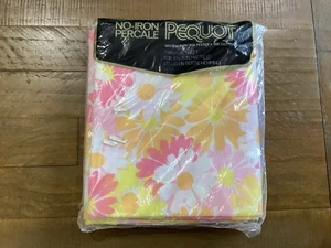 Vintage NOS Federn kein Eisen Perkal Pequot Twin flaches Blatt ~ pink, gelb, orange - Bild 1 von 8