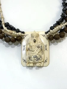 Celia Seberi unsigniert Knochenachat & Holzperlen chinesischer Anhänger Halskette - Bild 1 von 11