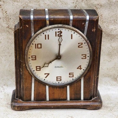 Antique Gilbert Art Deco Wood Case Mantle Clock USA 1807 Missing Glass - Runs - Image 1 of 4