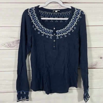 Lucky Brand Womens Embroidered Thermal Henley Top Size L Blue. - Image 1 of 4