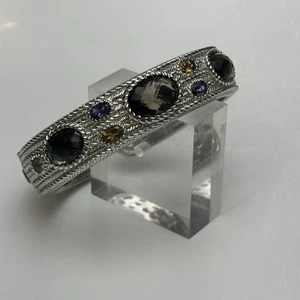 Judith Ripka Bracelet Hinged Cuff 7.5 Smoky Quartz Amethyst Sterling Silver 80g - Picture 1 of 15