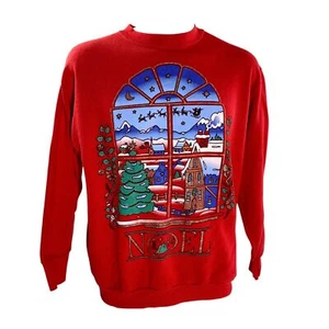 Holiday Time Christmas Large Noel Window View Santa Reindeer Red Sweatshirt - Picture 1 of 12