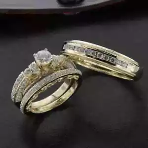 Bridal Trio Wedding Ring Set 14k Yellow Gold Plated 3.00 CT Simulated Diamond - Picture 1 of 2