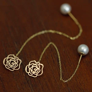 Pendientes de línea rosada de perlas frescas de 8,0 mm diseño rosa oro amarillo liso 14K - Imagen 1 de 5