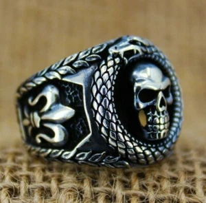 Skull and Snake Figure with Fleur De Lys Solid 925 Sterling Silver Men Ring - Bild 1 von 7
