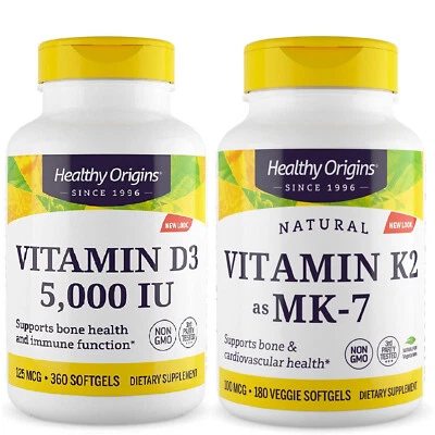 Healthy Origins Vitamina D3 5000 IU ui 360 Softgels + K2 as MK7 100 mcg 180 Caps - Immagine 1 di 4