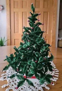 Vintage Chenille Pipe Cleaner Christmas Tree w/ Mercury Glass Bead Bulbs 14.5"T - Picture 1 of 20