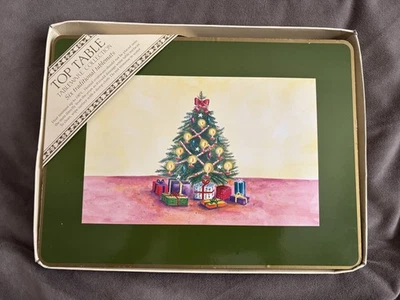 6 Traditional Festive Christmas Tree Table Place Mats Cork Back Green/Gold - Image 1 of 2