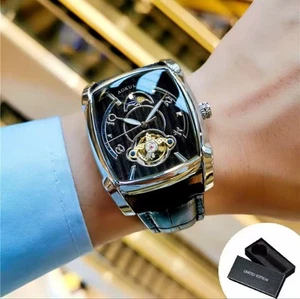 Tonneau Moon Phase Automatic Watch for Men Luxury Tourbillon Skeleton Watch NEW - Picture 1 of 2