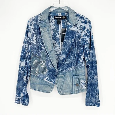 NWT Desigual Satin Denim Patchwork Y2K Blazer 38 (Small) Blue - Image 1 of 4