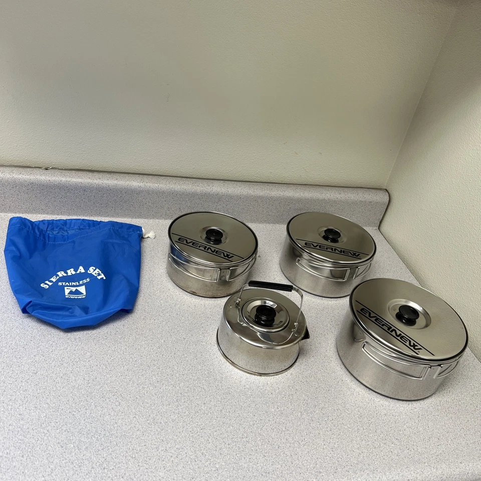 Juego Sierra Vintage EVERNEW Acero Inoxidable Camping Cook Set 8 Piezas + Bolsa JAPÓN Foto 1 de 4