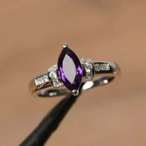 1Ct Marquise Cut Lab Created Amethyst Women's Wedding Ring 14K White Gold Plated - Picture 1 of 8