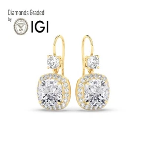 Cushion 6 ct Solitaire Halo 18K Yellow Gold Earrings, Lab-grown IGI Certified - Picture 1 of 14